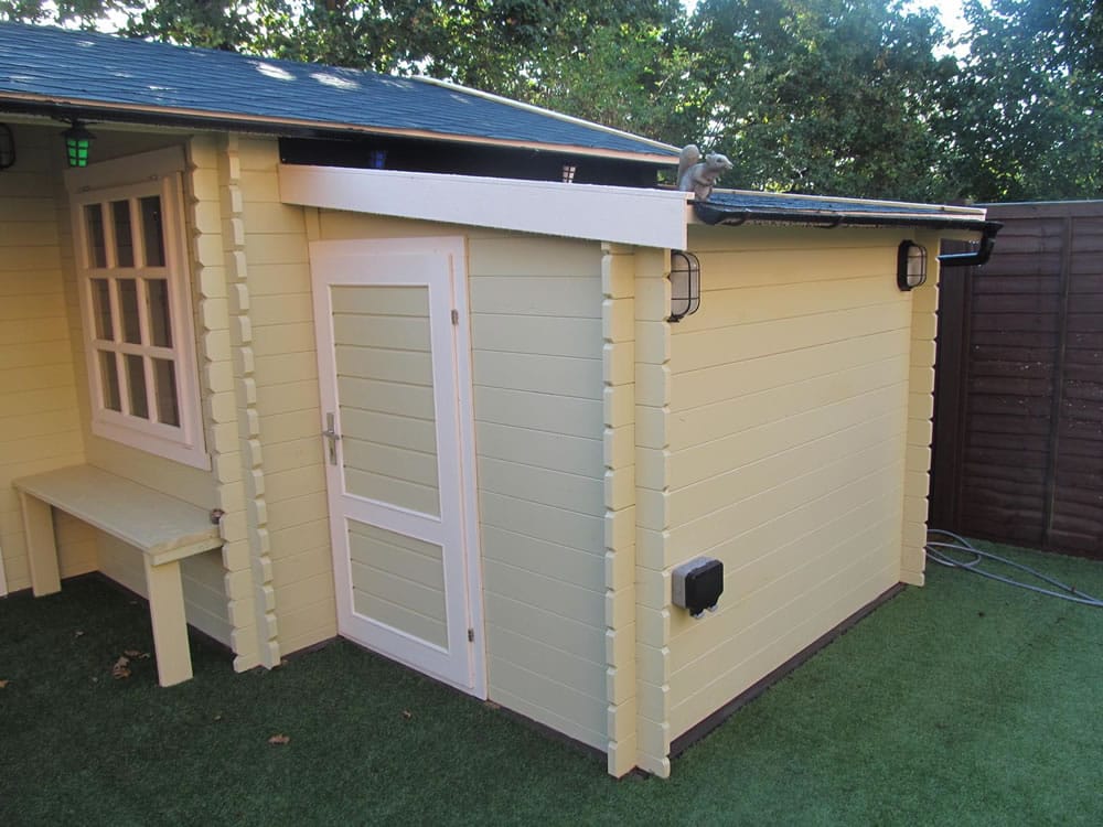 Log cabin shed extension, you can have this in two sizes in either 28mm or 45mm thick wall logs and two sizes.