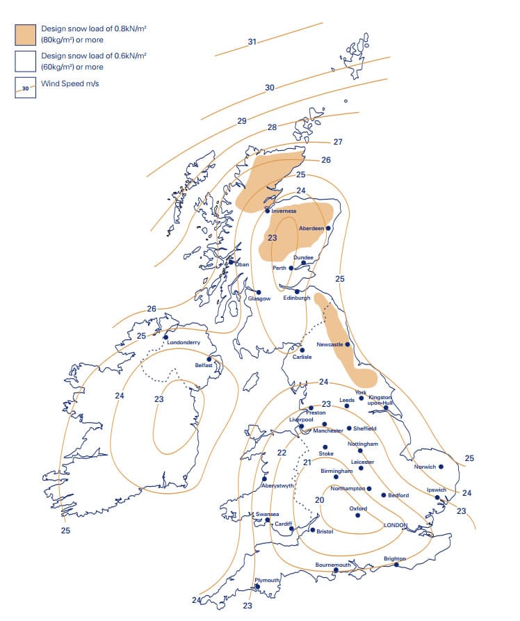 A map showing the snow loading requirements in the UK