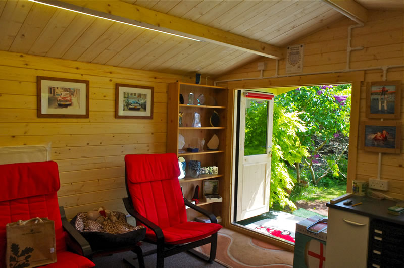 The Stromastand log cabin being used as a garden office