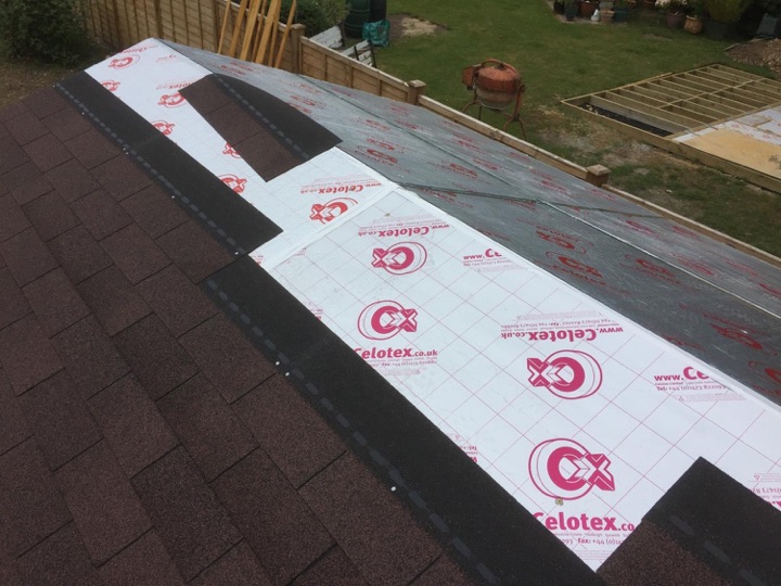 Shingles take time to do, but are very simple. Good instructions on the Tuin website. Note neighbours foundation frame – they have a Tuin Log Cabin arriving shortly too! 