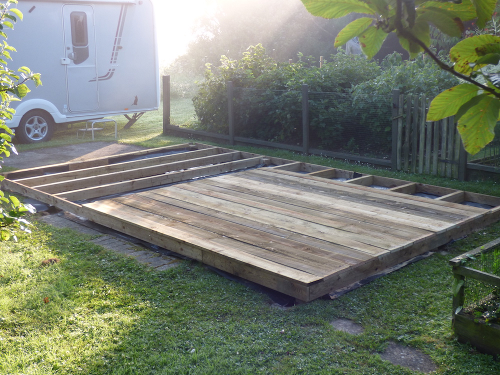 Decking boards are used on top of the timber frame