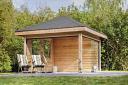 Kos larch gazebo with wall infills as well as glass sliding walls